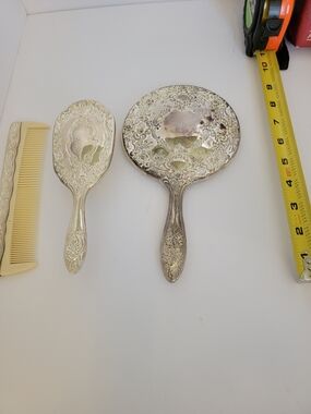 Silver-Tone Ornate Hand Mirror Comb And Brush Set - Vintage Style